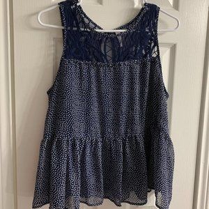 Blue Lace Polka Dot Tiered Tank Work Blouse